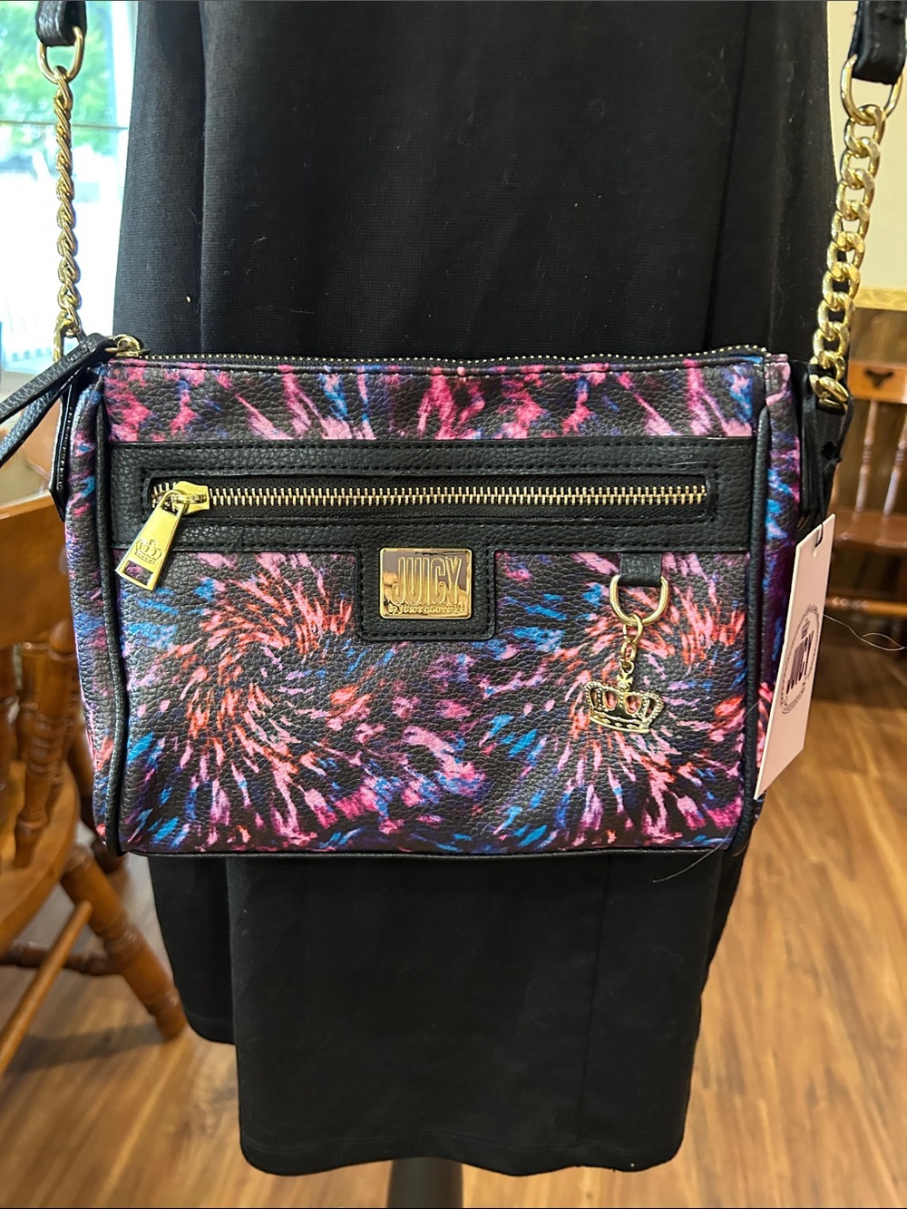 Juicy Couture Pink Purple Black Firework-Print Crossbody Bag with Gold Hardware
